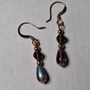 Dangle Drop Earrings ​Handmade Gold Tone Iridescent Purple Beads Boho